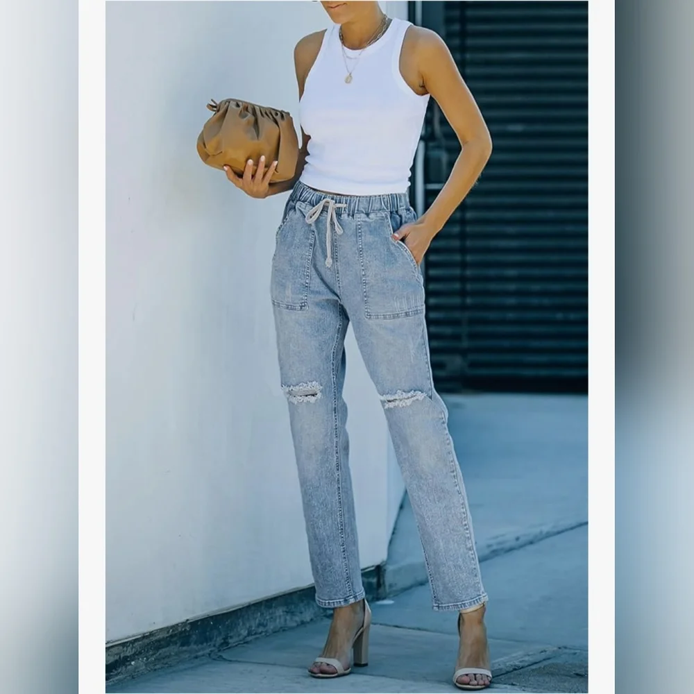 Womens Cargo Jeans Ripped Denim Joggers Elastic Drawstring Waist Pull On Skyblue